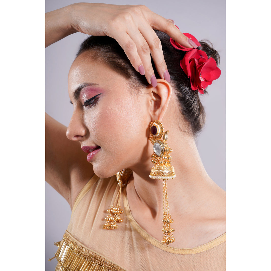 Amaita Traditional Gold Polish Maroon Stone Kashmiri Jhumka Earrings