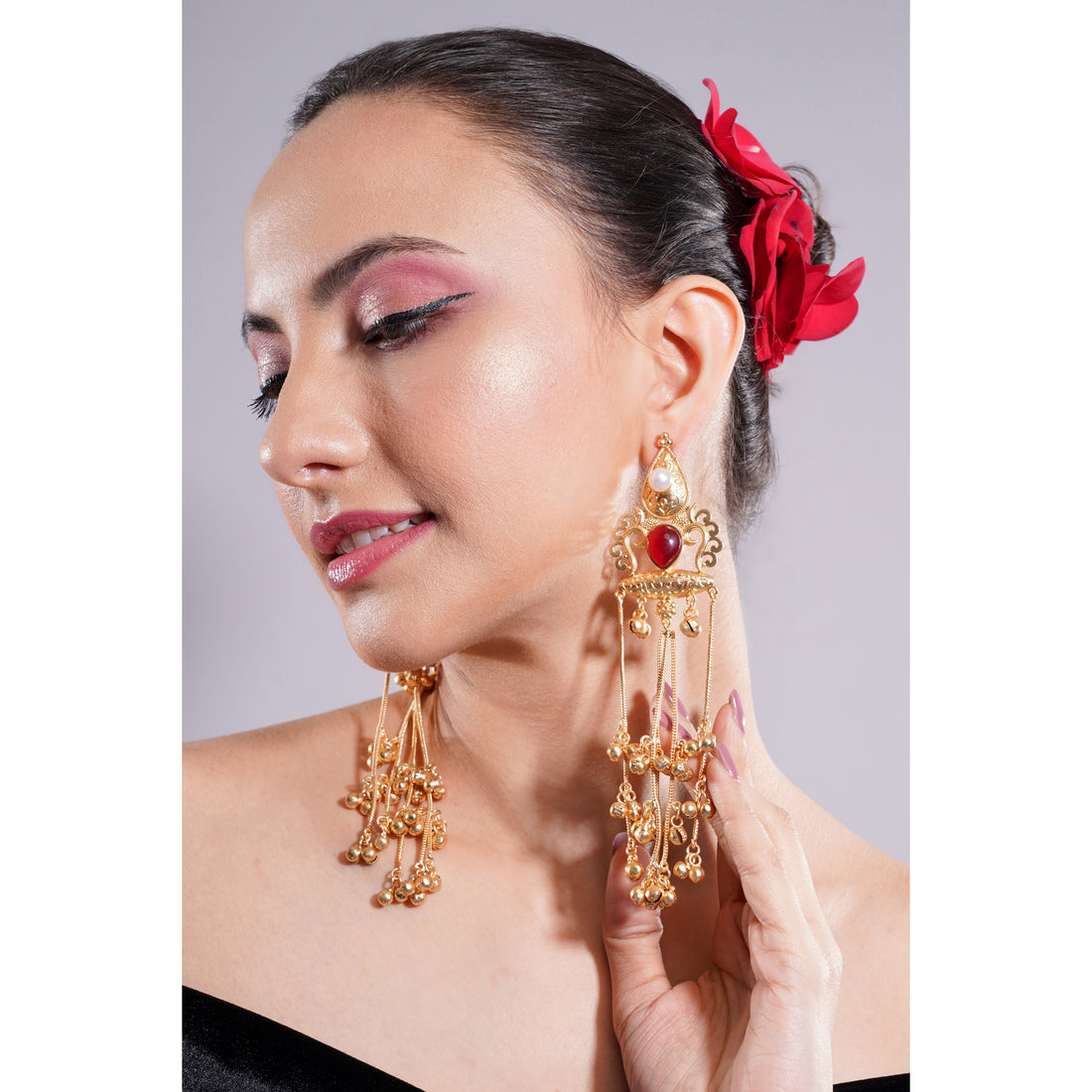 Amaita Kashmiri Red Stone Long Dangling Earrings