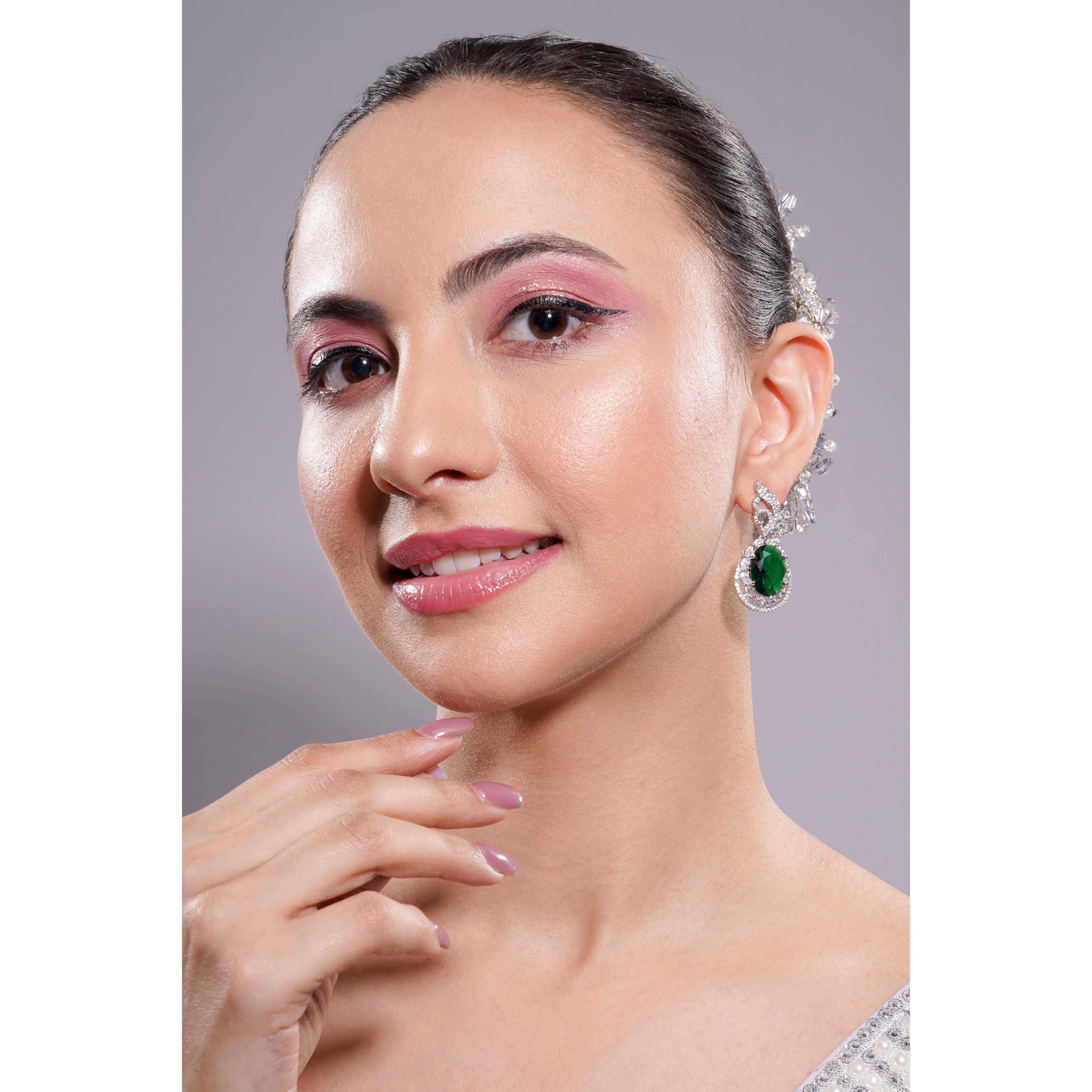 Amaita American Diamond Emerald Green Stone Drop Earrings