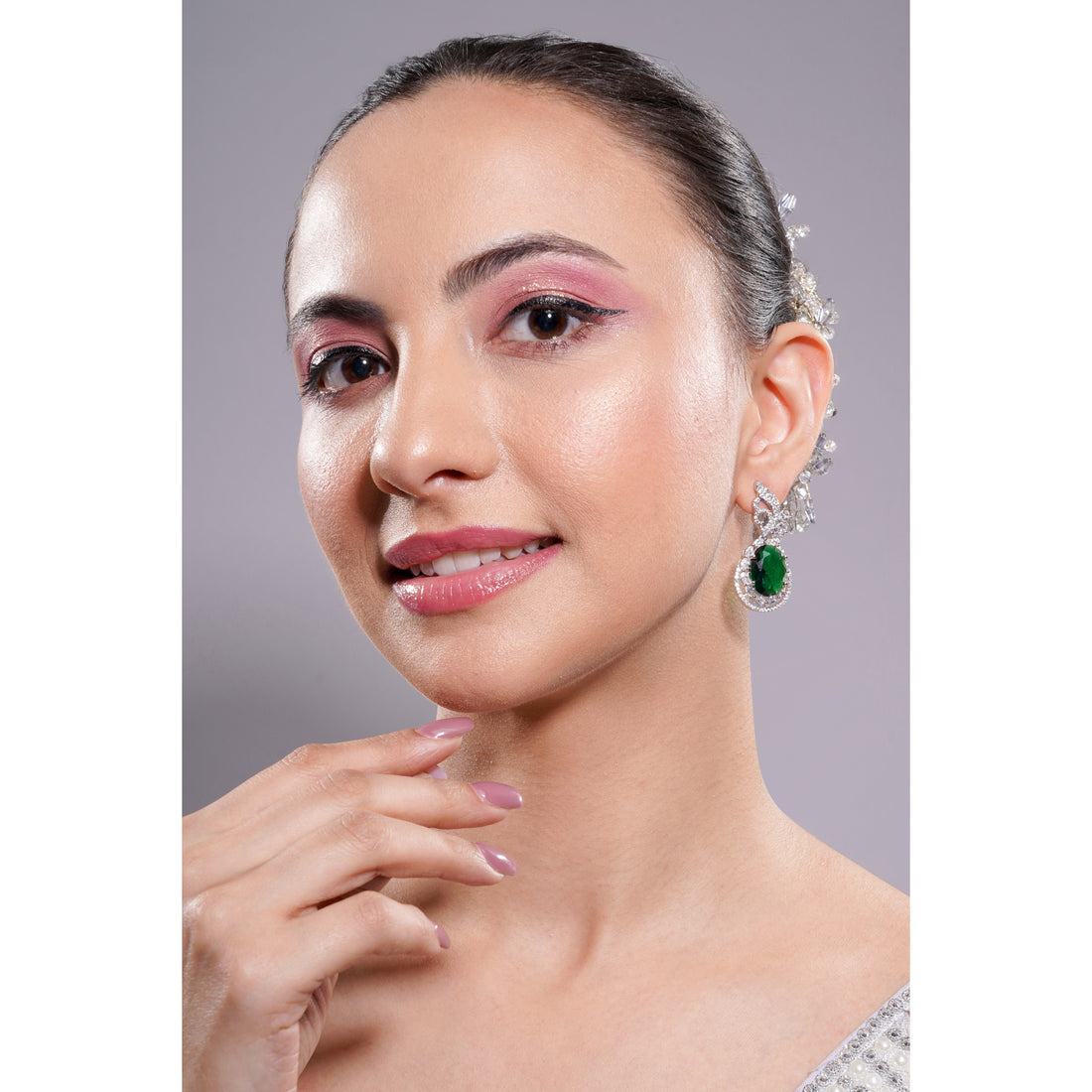 Amaita American Diamond Emerald Green Stone Drop Earrings