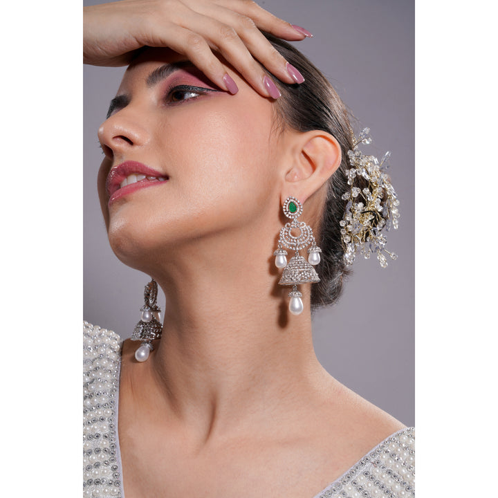 Amaita AD Emerald Green Stone Jhumka Earrings in Silver Finish
