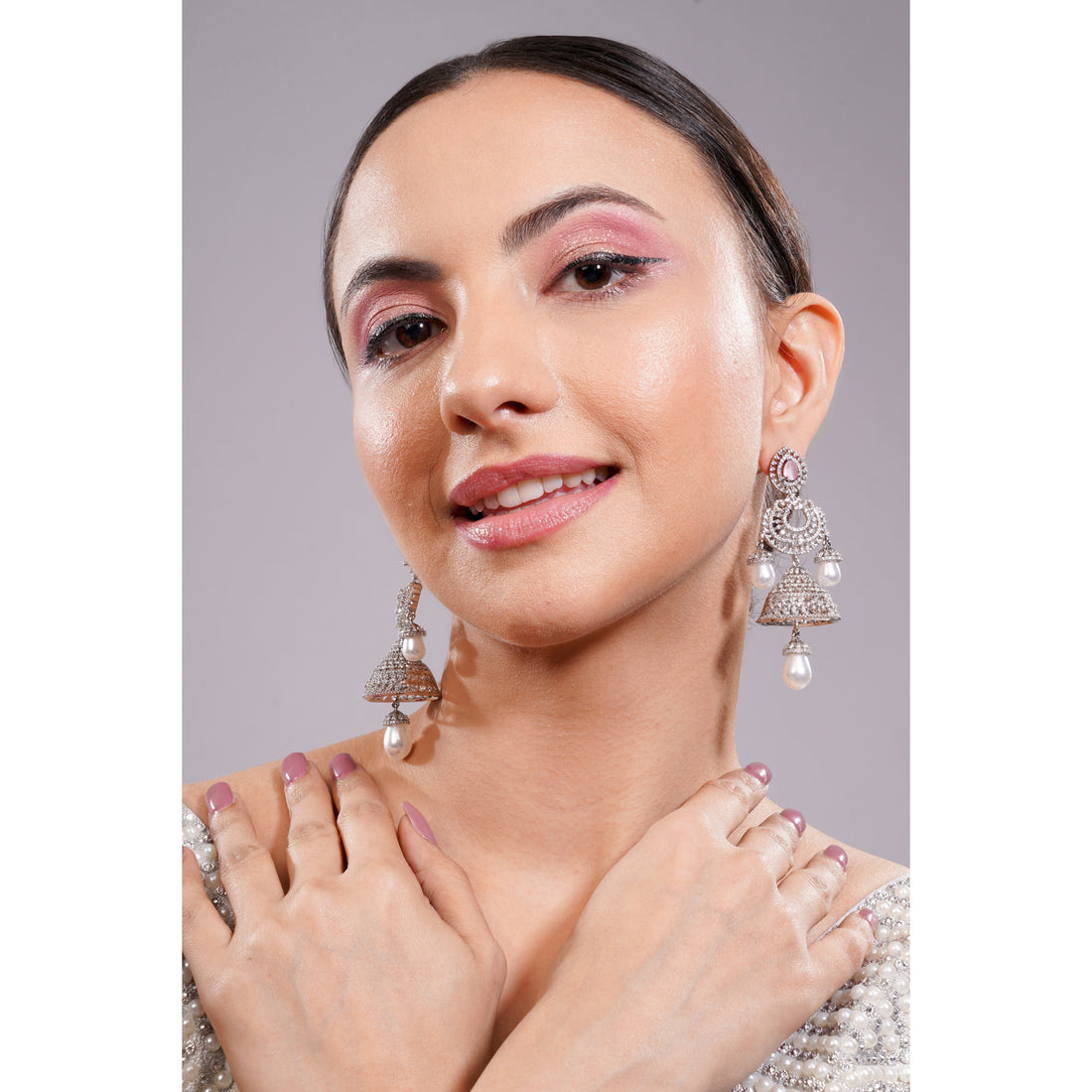 Amaita Silver Tone AD Blush Pink Stone Layered Jhumka Pearl Drop