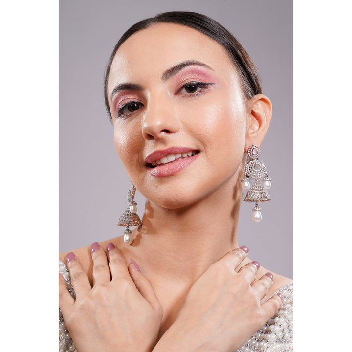 Amaita Silver Tone AD Blush Pink Stone Layered Jhumka Pearl Drop
