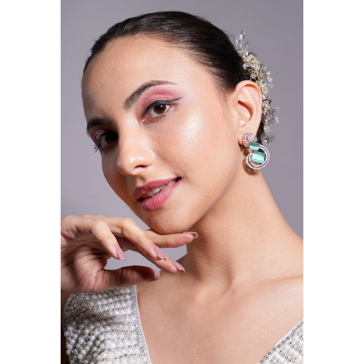 Amaita American Diamond Mint Green Oval Drop Earrings