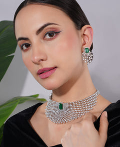 Amaita American Diamond Emerald Choker Necklace Set