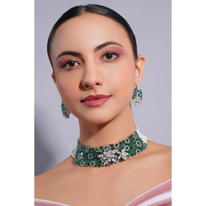 Amaita Demi Fine American Diamond Emerald Green Stone Broad Choker Jewellery Set