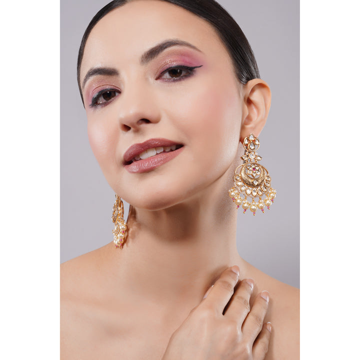 Amaita Demi Fine Ethnic Polki Kundan Crescent Chandbali Gold Pearl Earrings