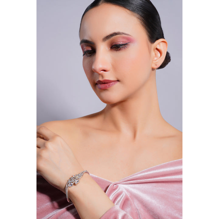 Amaita Demi Fine AD Floral Burst Pear Drop Bracelet in Platinum Finish