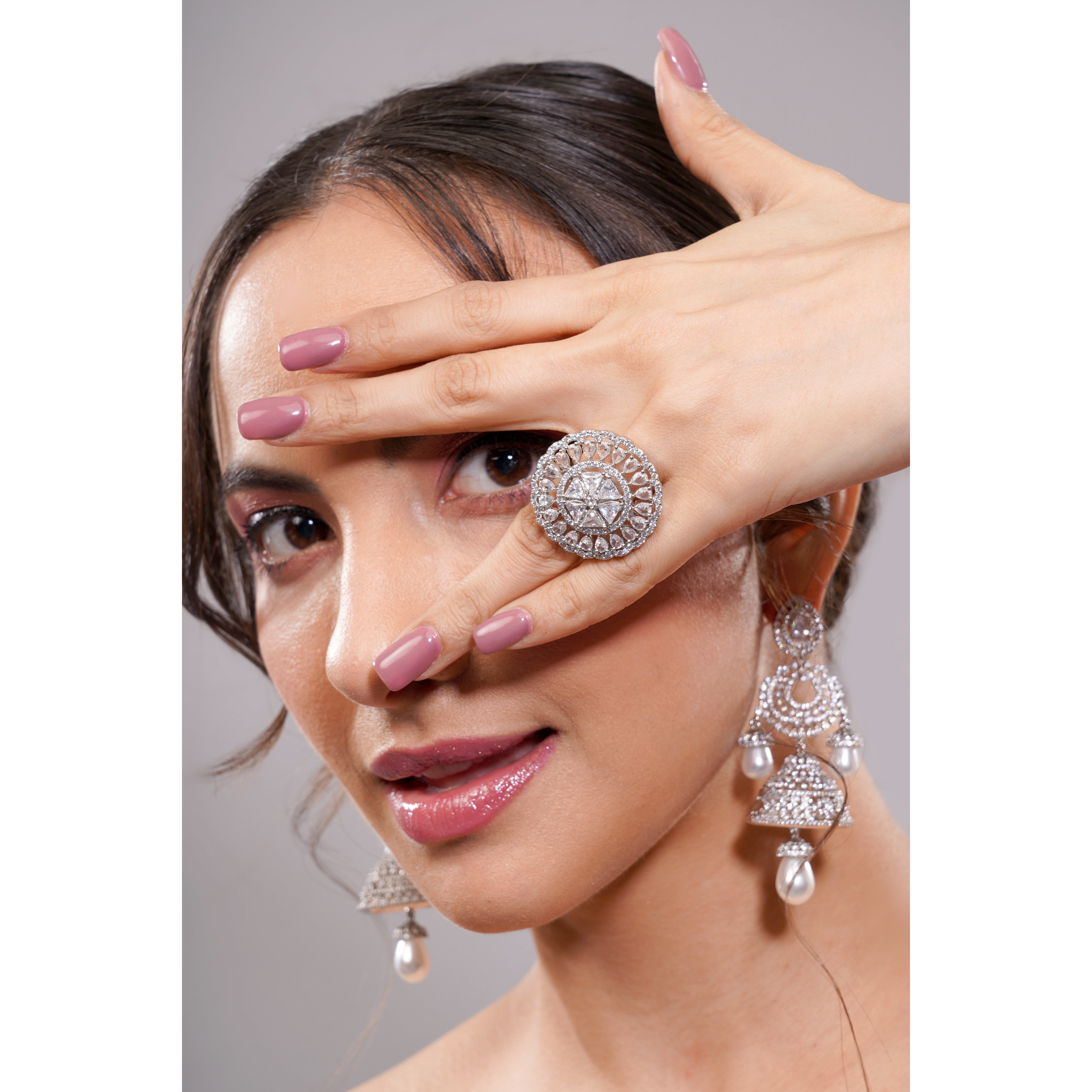 Amaita AD All-Over Diamond Sunburst Cocktail Ring in Platinum Finish
