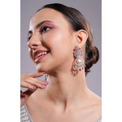 Amaita Silver Tone AD Pink Stone Pearl Chandbali Drop Earrings