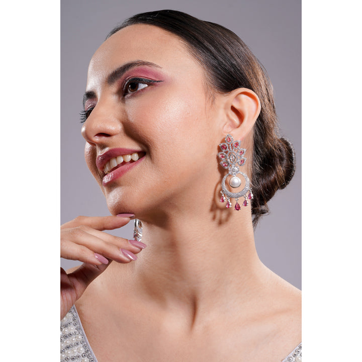 Amaita Silver Tone AD Pink Stone Pearl Chandbali Drop Earrings