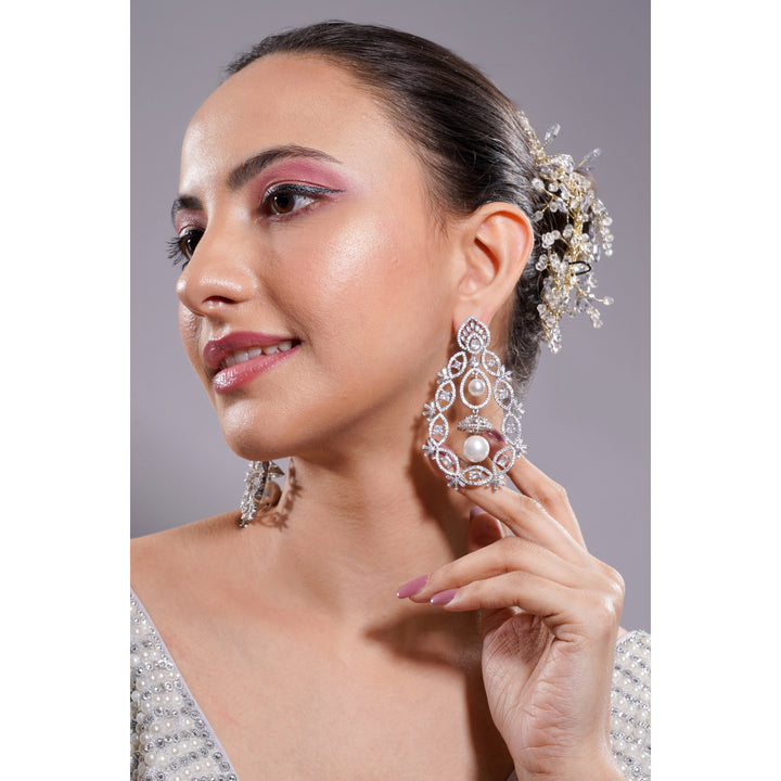 Amaita Silver Tone AD Pearl Drop Teardrop Lattice Earrings