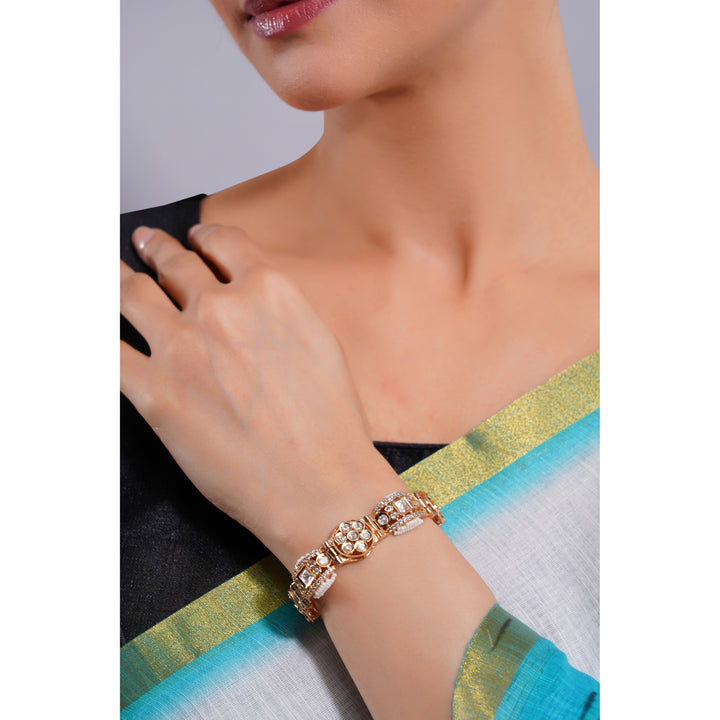 Amaita Demi Fine Ethnic Polki Kundan Gold Textured Dome Cuff Bracelet