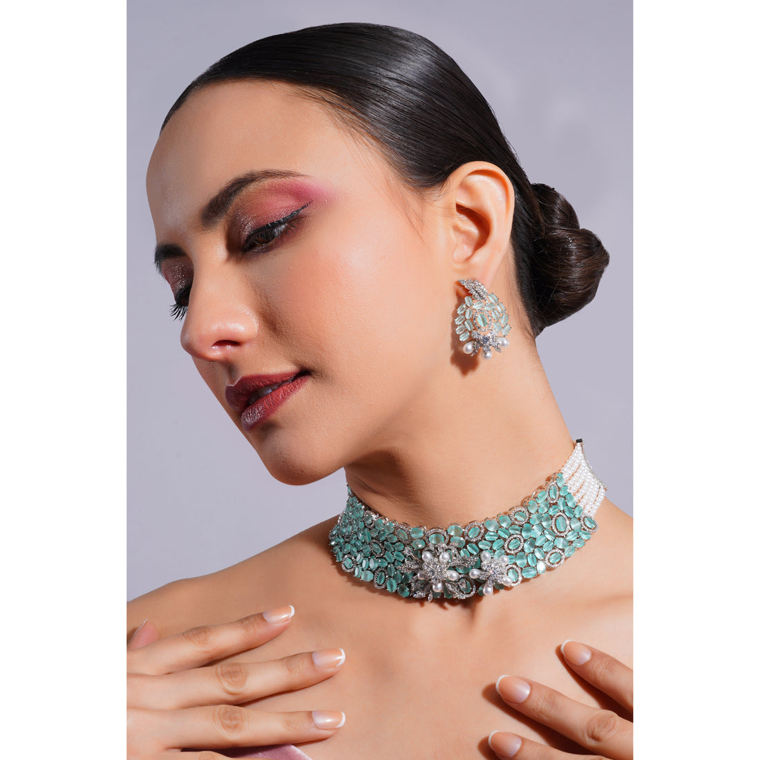 Amaita Demi Fine Platinum Polish AD Turquoise Stone Pearl Strand Choker Necklace Earring Set