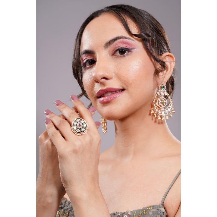 Amaita Traditional Polki Kundan Oval Green Meenakari Pearl Ring