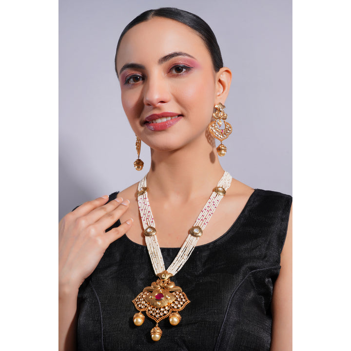 Amaita Demi Fine Ethnic Polki Kundan Multi Strand Pearl Ruby Pendant Necklace Set