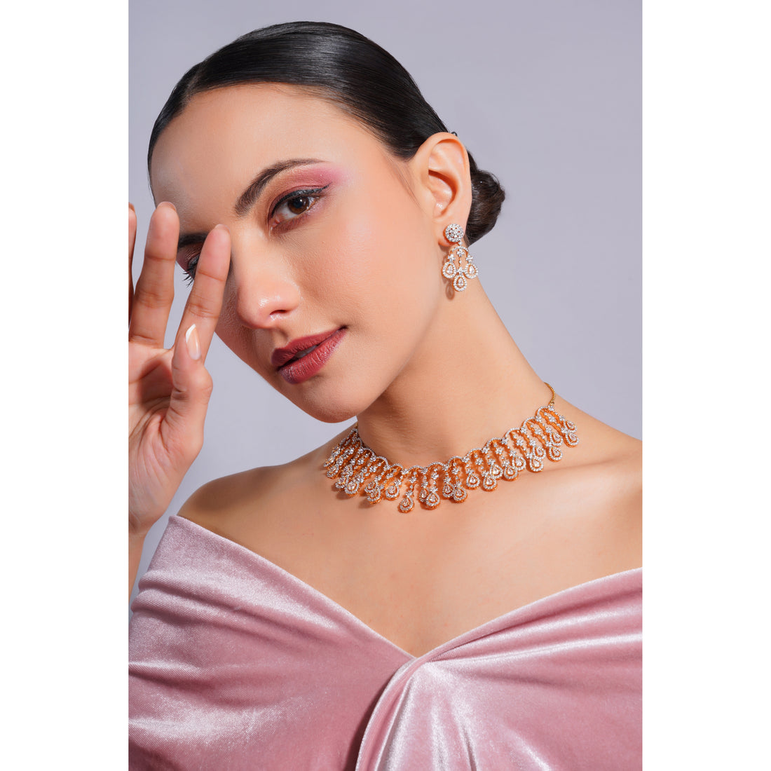 Amaita Demi Fine American Diamond Gold Floral Drop Fringe Necklace Earring Set