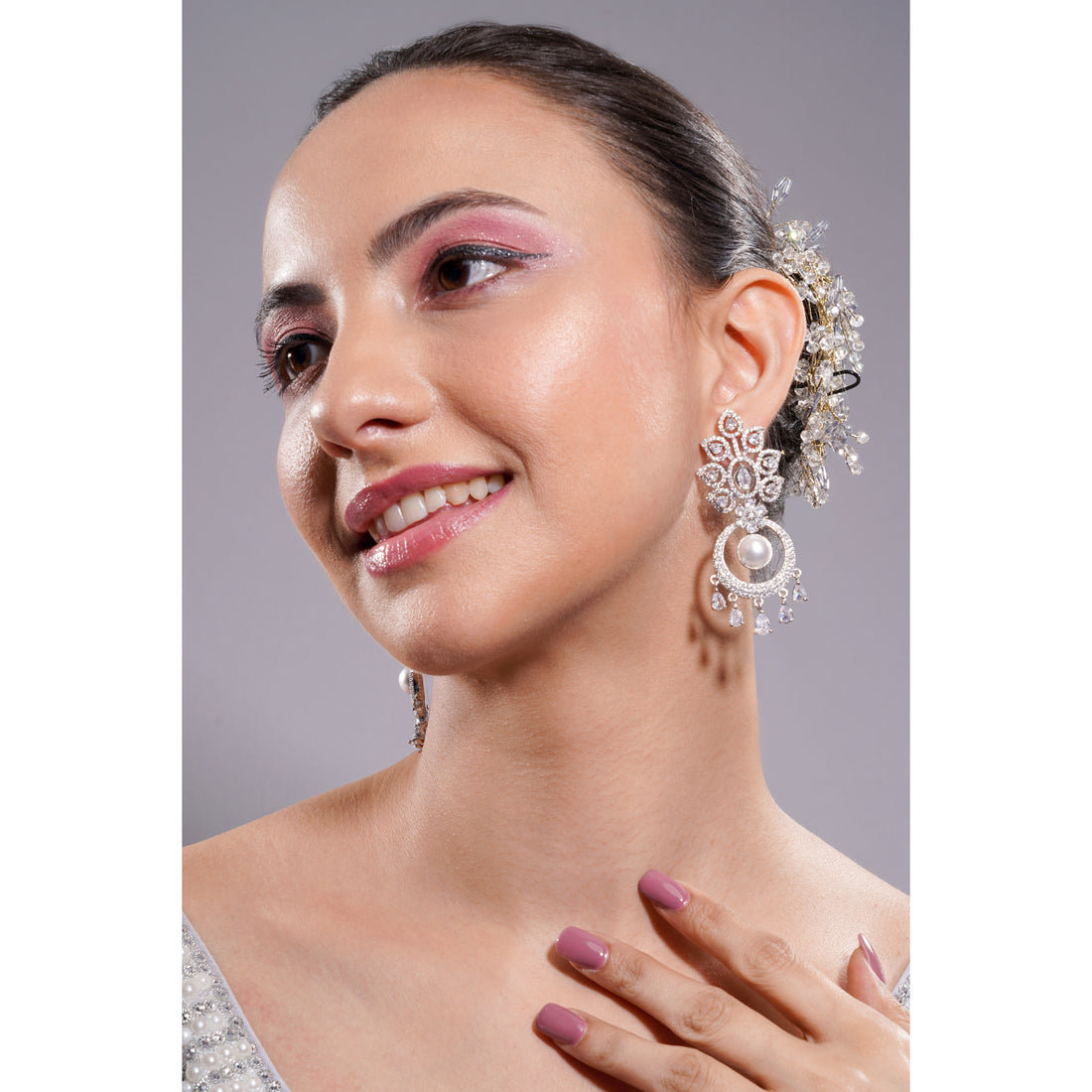 Amaita Silver Tone AD Floral Pearl Chandbali Drop Earrings