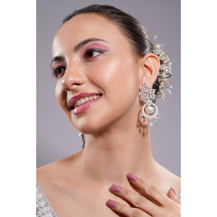 Amaita Silver Tone AD Floral Pearl Chandbali Drop Earrings