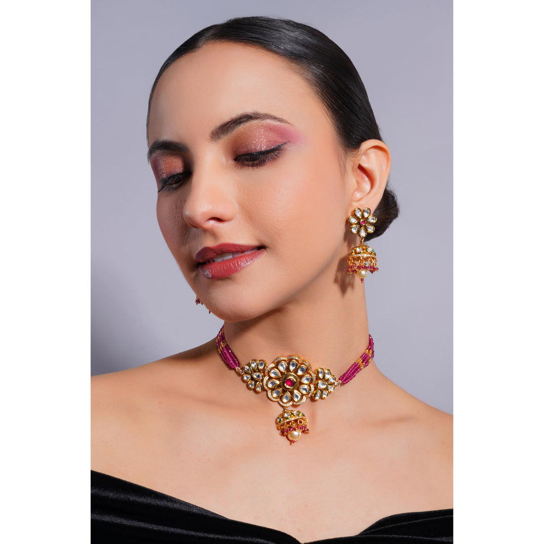 Amaita Demi Fine Ethnic Polki Kundan Ruby Pink BeadsStrand Jewellery Set