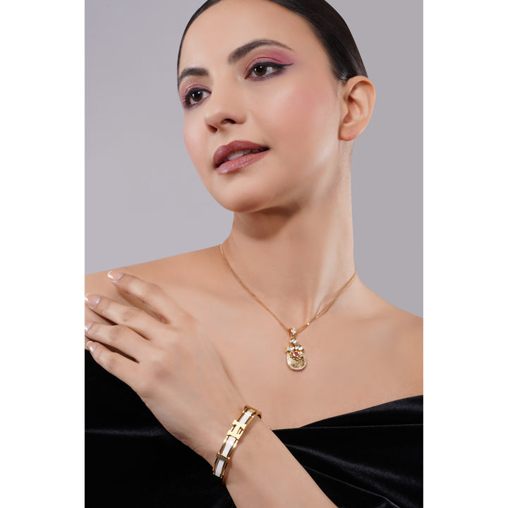Amaita Demi Fine Gold Tone White Enamel Geometric Link Bracelet