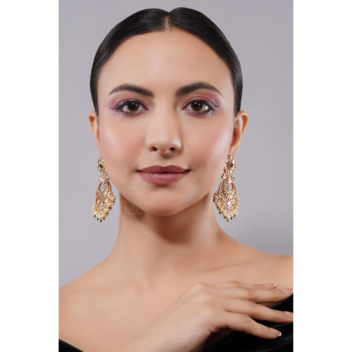 Amaita Demi Fine Ethnic Polki kundan Pearl Drop Chandbali Earrings in Gold Finish
