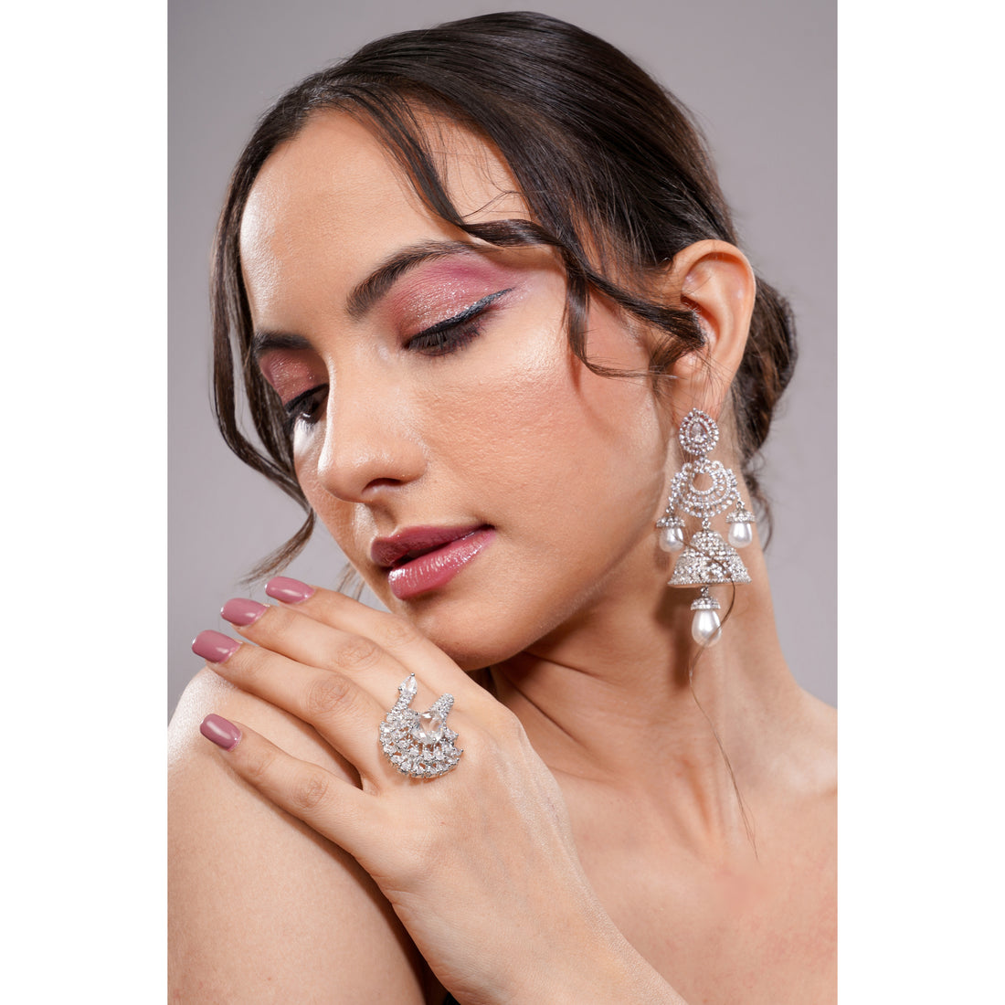 Amaita AD All-White Diamond Cluster Swirl Ring in Platinum Finish