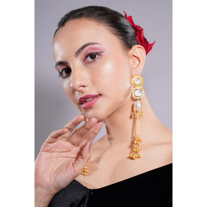 Amaita Gold Finish Kashmiri Mirror Stone Earrings