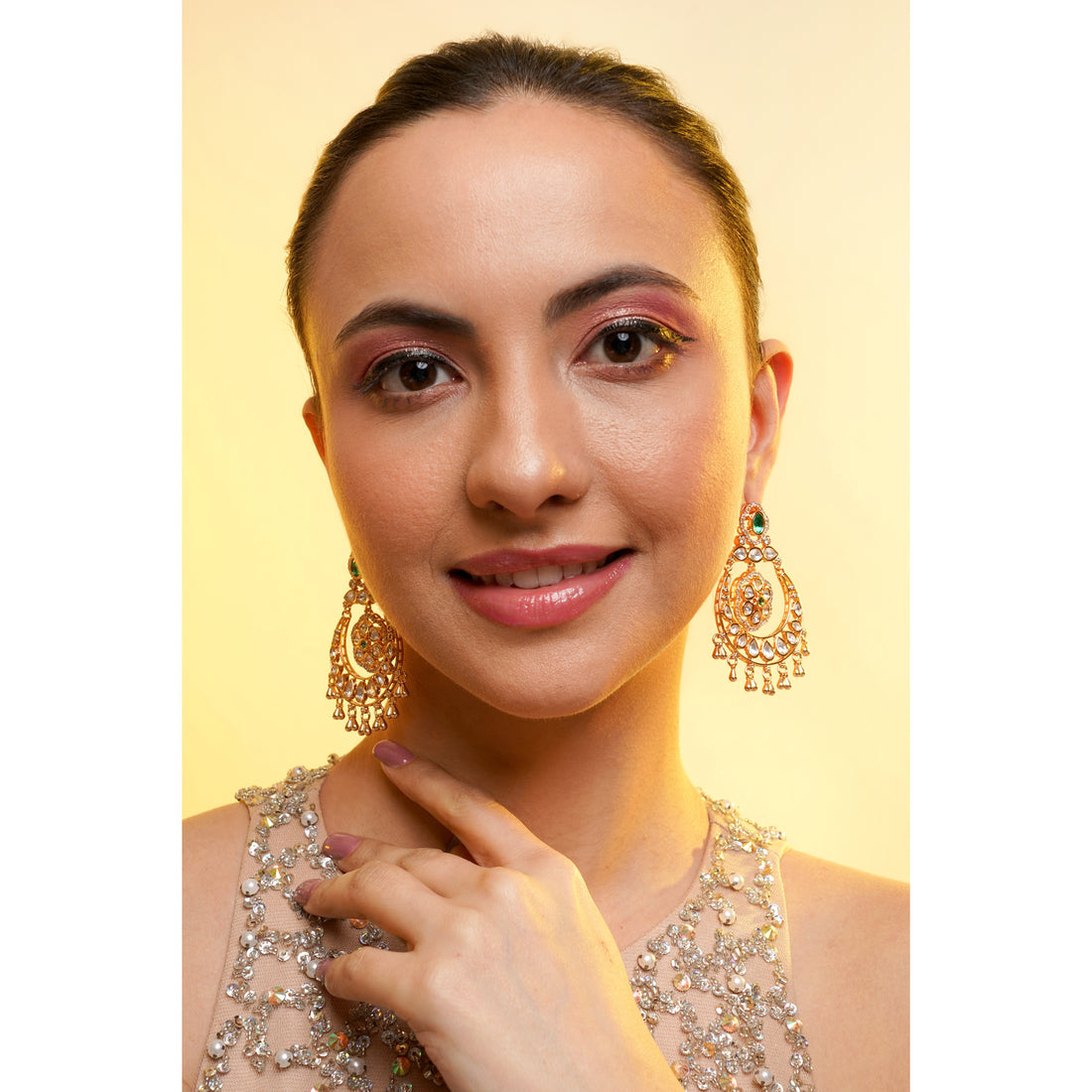 Amaita Gold Polki Emerald Chandbali Earrings