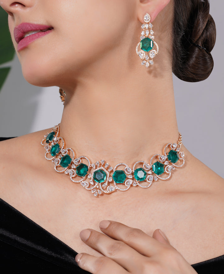 Amaita American Diamond Emerald Choker Necklace and Earring Set