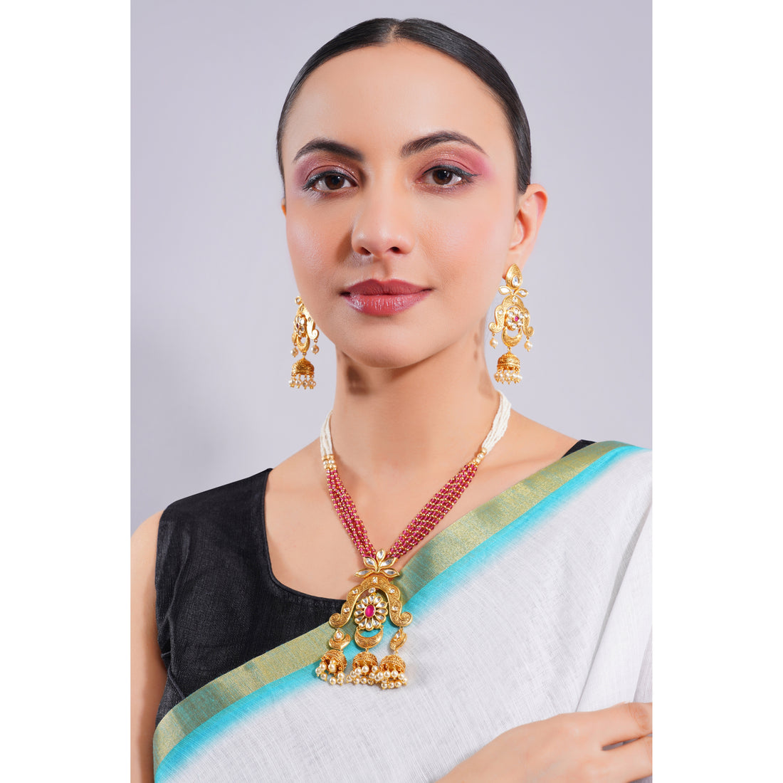 Amaita Demi Fine Ethnic Polki Ruby Red Bead Strand Jhumka Pendant Chandbali Necklace Set