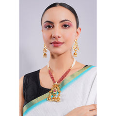 Amaita Demi Fine Ethnic Polki Ruby Red Bead Strand Jhumka Pendant Chandbali Necklace Set