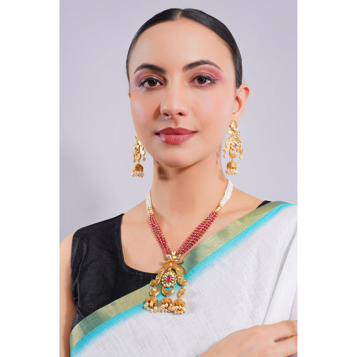 Amaita Demi Fine Ethnic Polki Ruby Red Bead Strand Jhumka Pendant Chandbali Necklace Set
