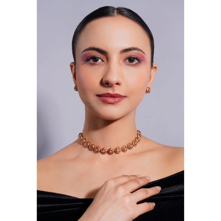 Amaita Demi Fine Ethnic Gold Tone Antique Dome Bead Choker Necklace Stud Set