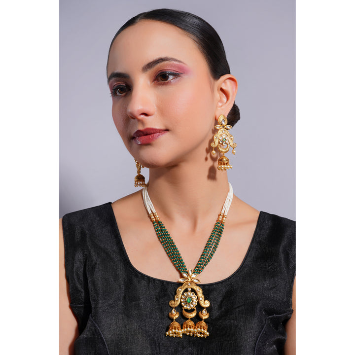 Amaita Demi Fine Ethnic Polki Kundan Emerald Green Bead Pearl Strand Jhumka Pendant Set
