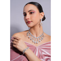Amaita Demi Fine Platinum Polish AD Pear Stone Chandelier Fringe Necklace Earring Set