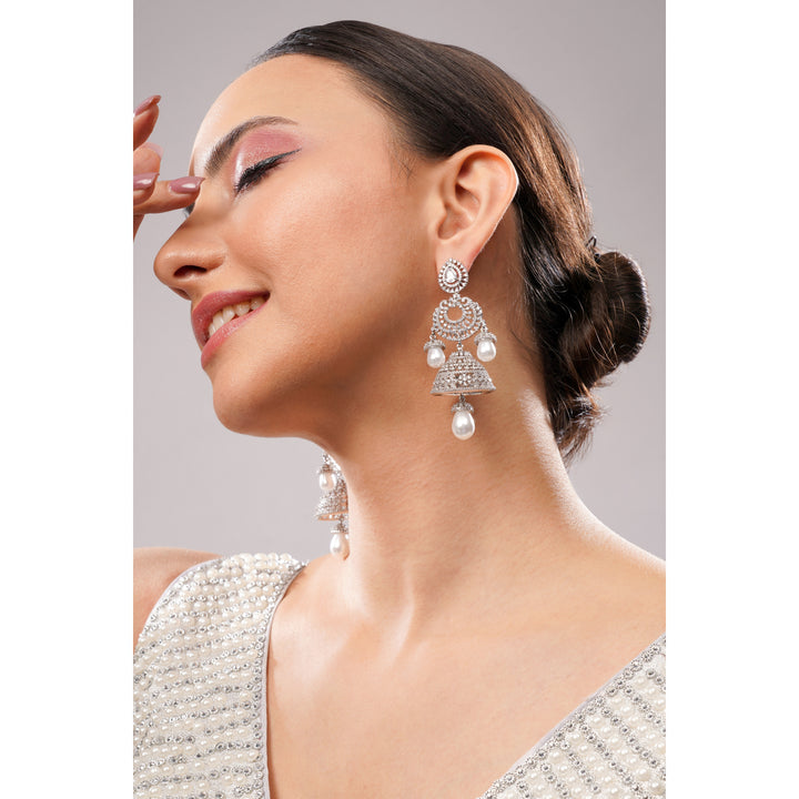 Amaita AD Chandbali Double Jhumka Earrings in Platinum Polish