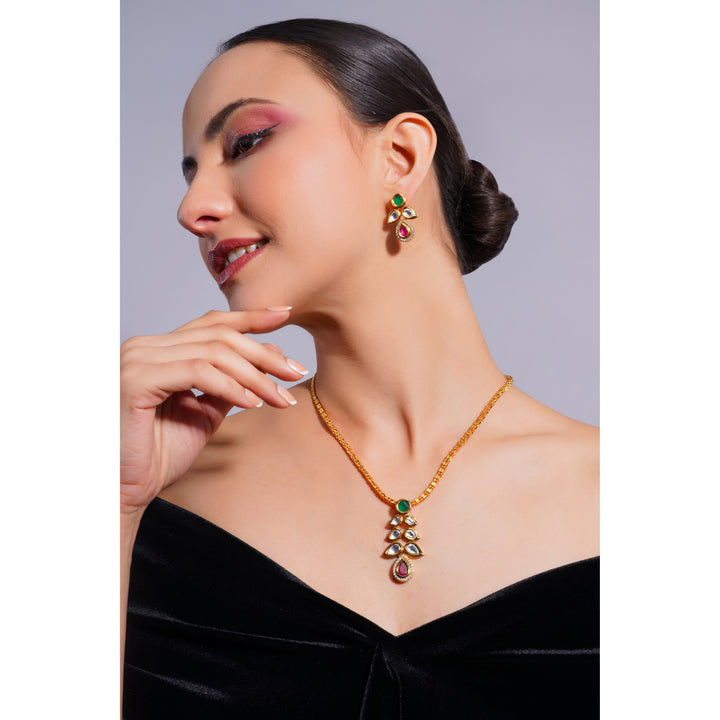 Amaita Demi Fine Ethnic Polki Kundan Green Stone Gold Chain Pendant Jewellery Set