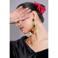 Amaita Kashmiri Green Stone Long Dangling Earrings