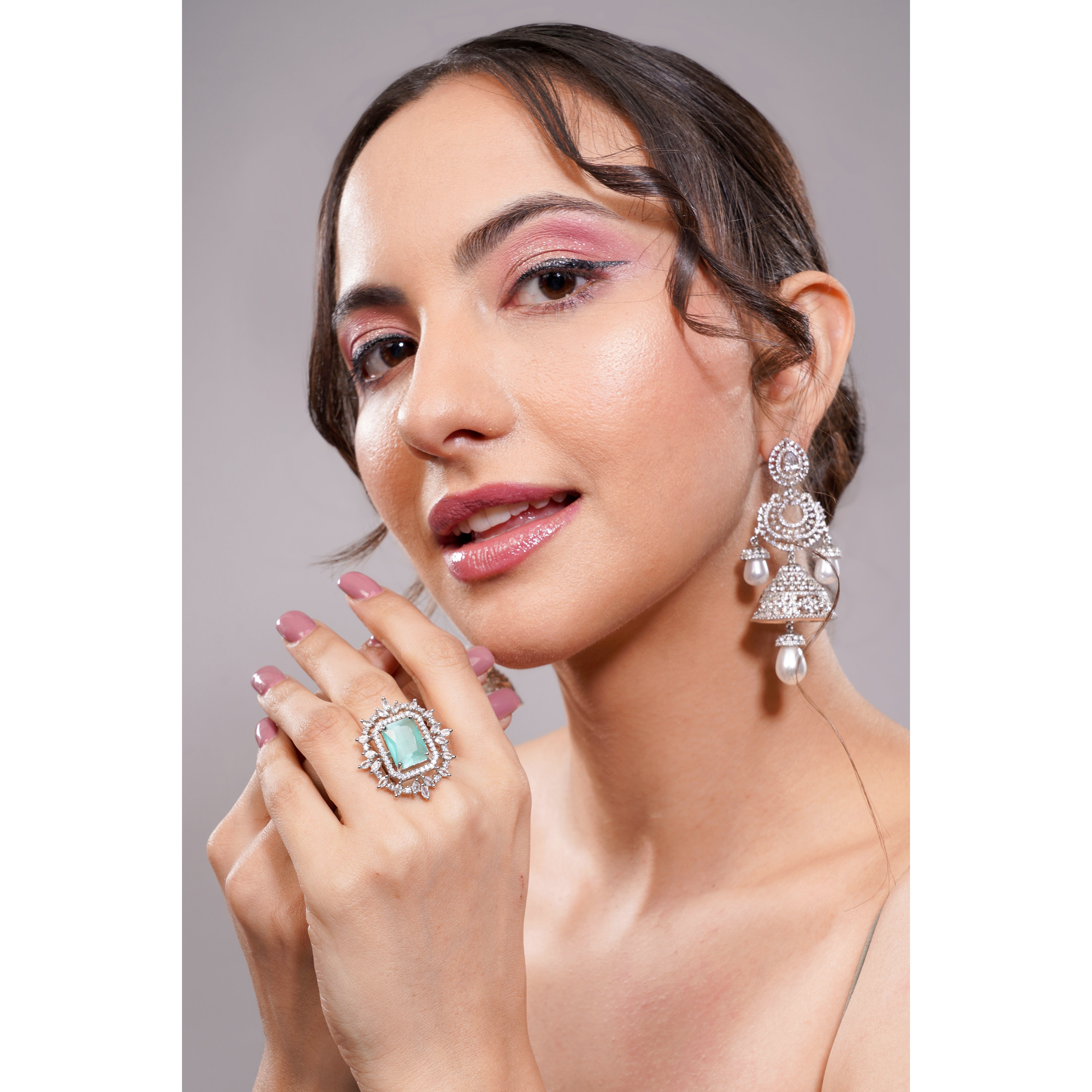 Amaita American Diamond Mint Green Emerald Cut Halo Cocktail