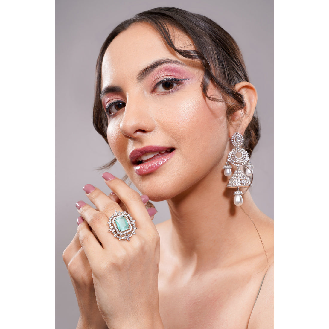 Amaita American Diamond Mint Green Emerald Cut Halo Cocktail