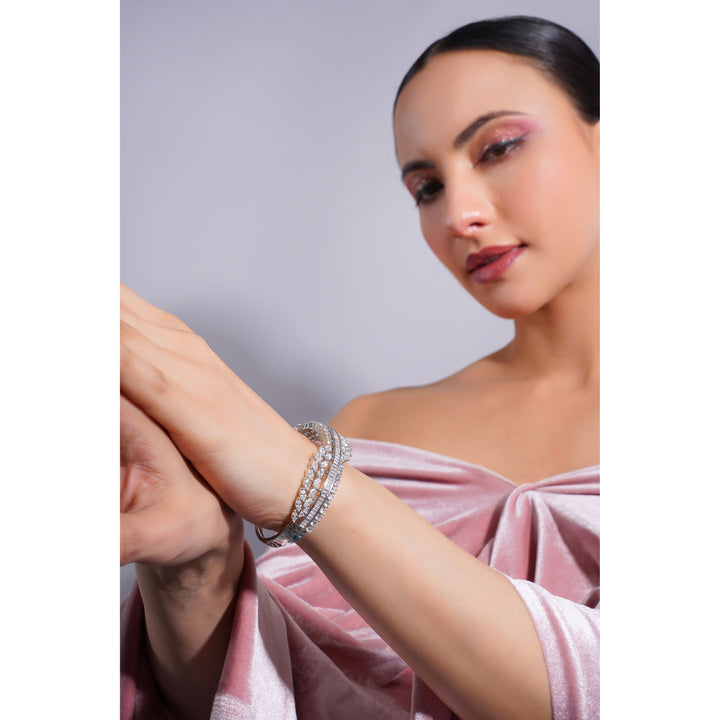 Amaita Demi Fine AD All-White Diamond Layered Bracelet Set in Platinum Finish