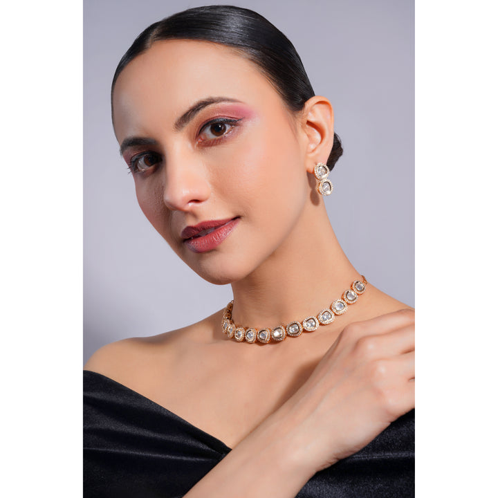 Amaita Demi Fine Ethnic Gold Polki Kundan Oval Stone Choker Necklace Earring Set
