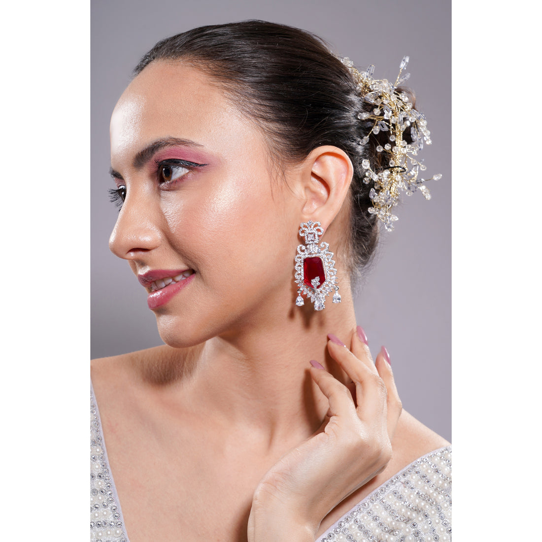 Amaita American Diamond Ruby Shield Drop Earrings