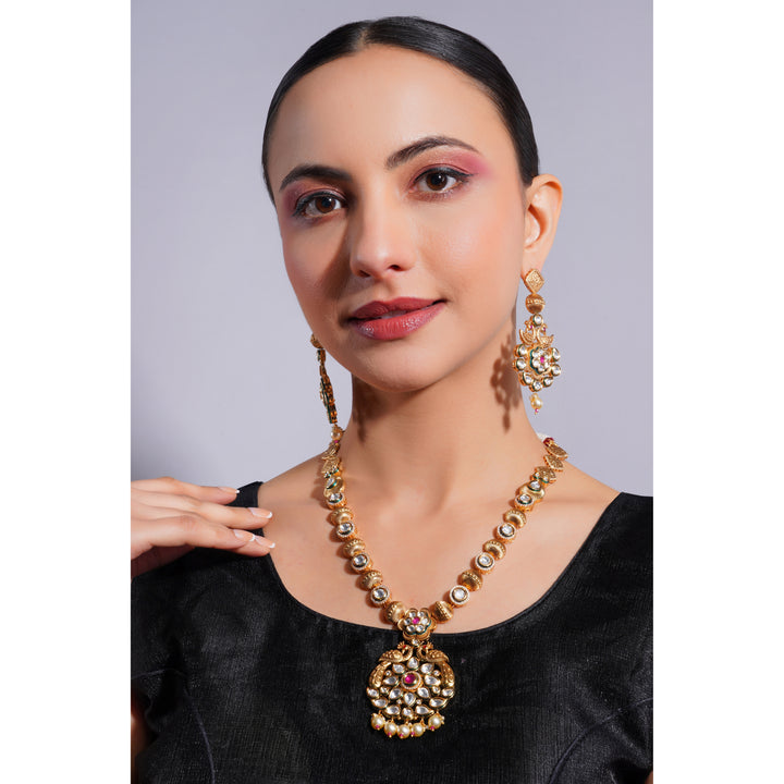 Amaita Demi Fine Ethnic Polki Kundan Ruby Pink Stone & Gold Pendant Necklace Set