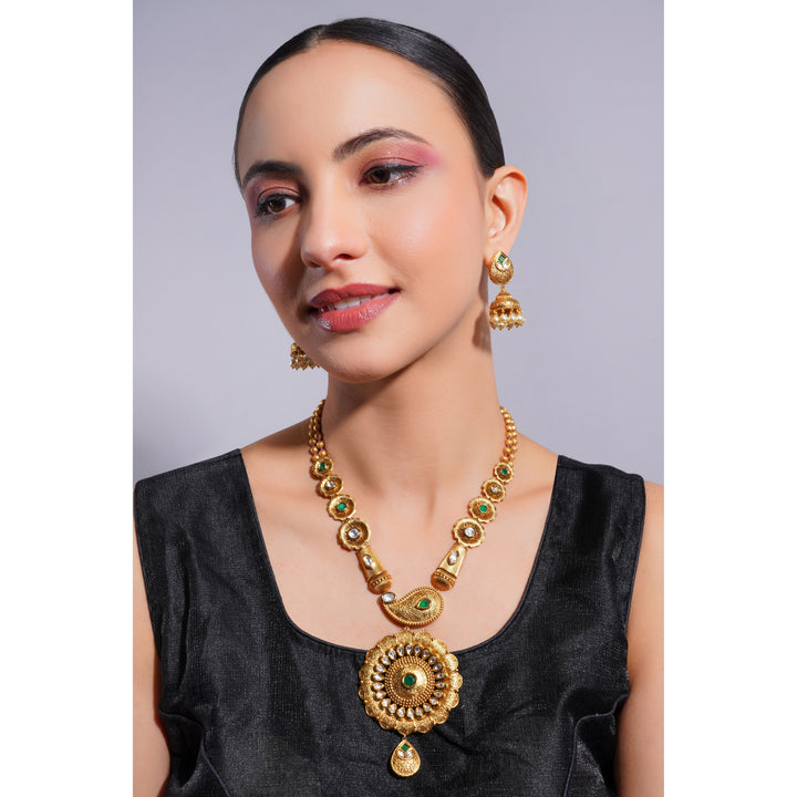 Amaita Demi Fine Ethnic Polki Emerald Gold  Disc Pearl Necklace Jhumka Set