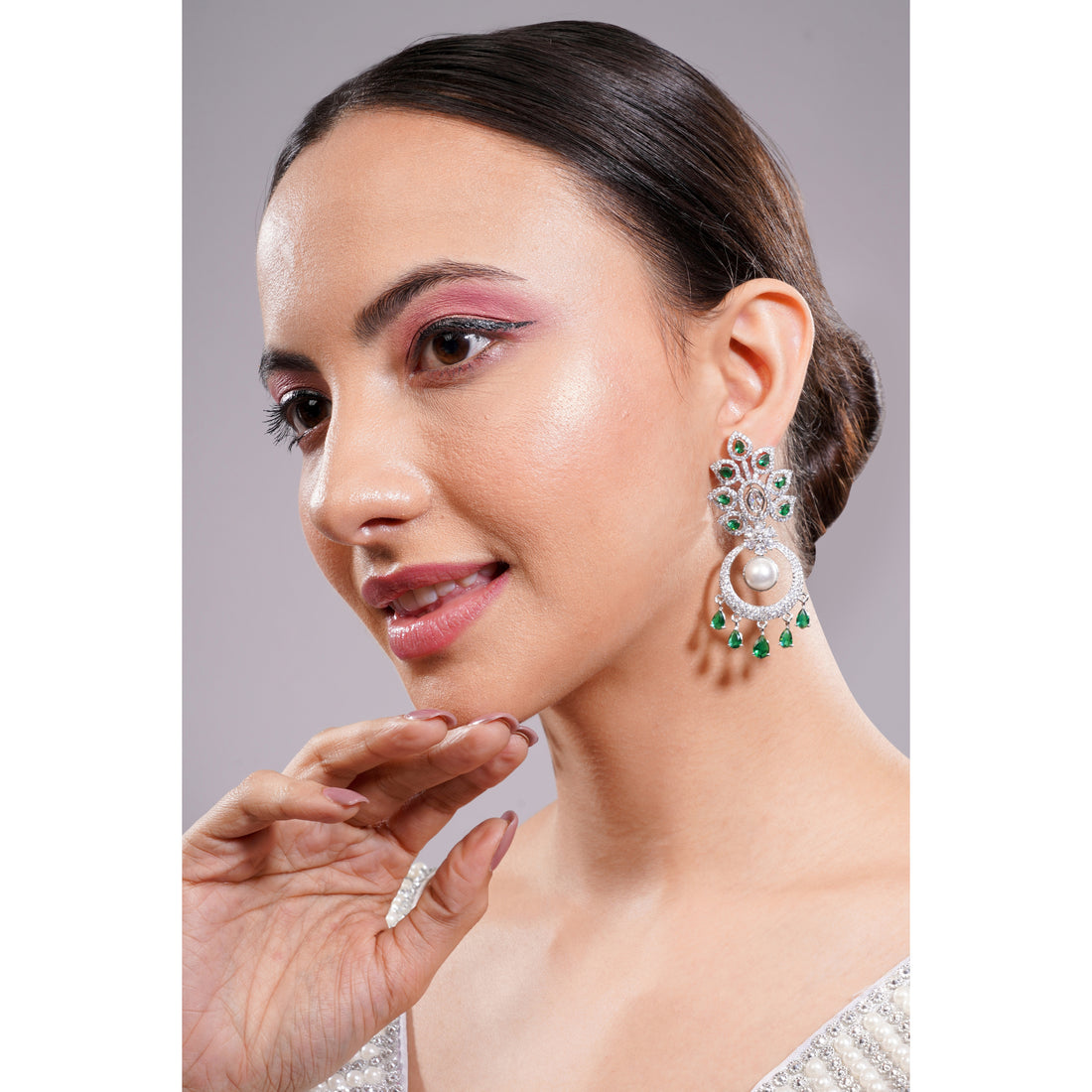 Amaita Silver Tone AD Emerald Green Stone Pearl Chandbali Drop