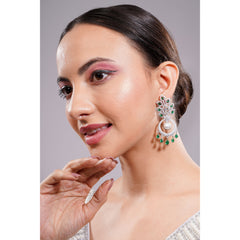 Amaita Silver Tone AD Emerald Green Stone Pearl Chandbali Drop