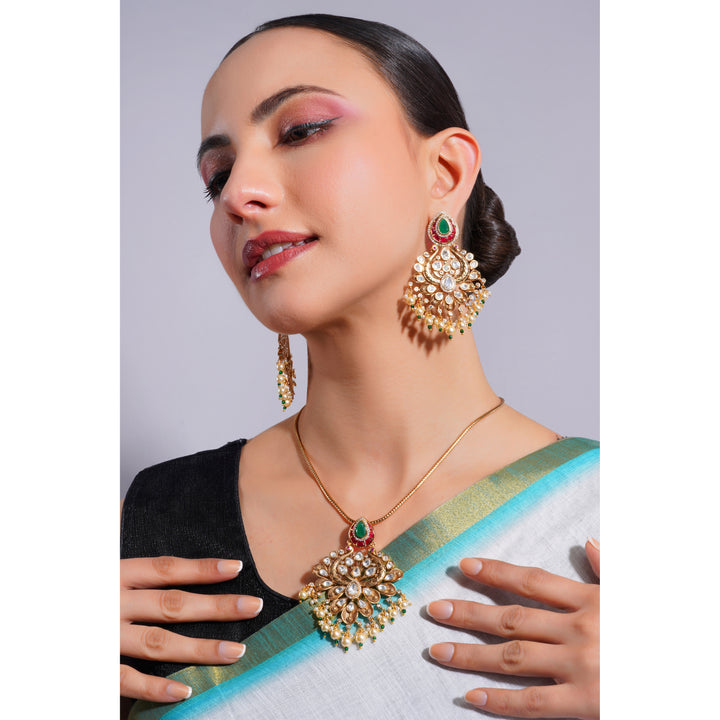 Amaita Demi Fine Ethnic Polki Emerald Ruby Stone Gold Chain Pendant Chandbali Set