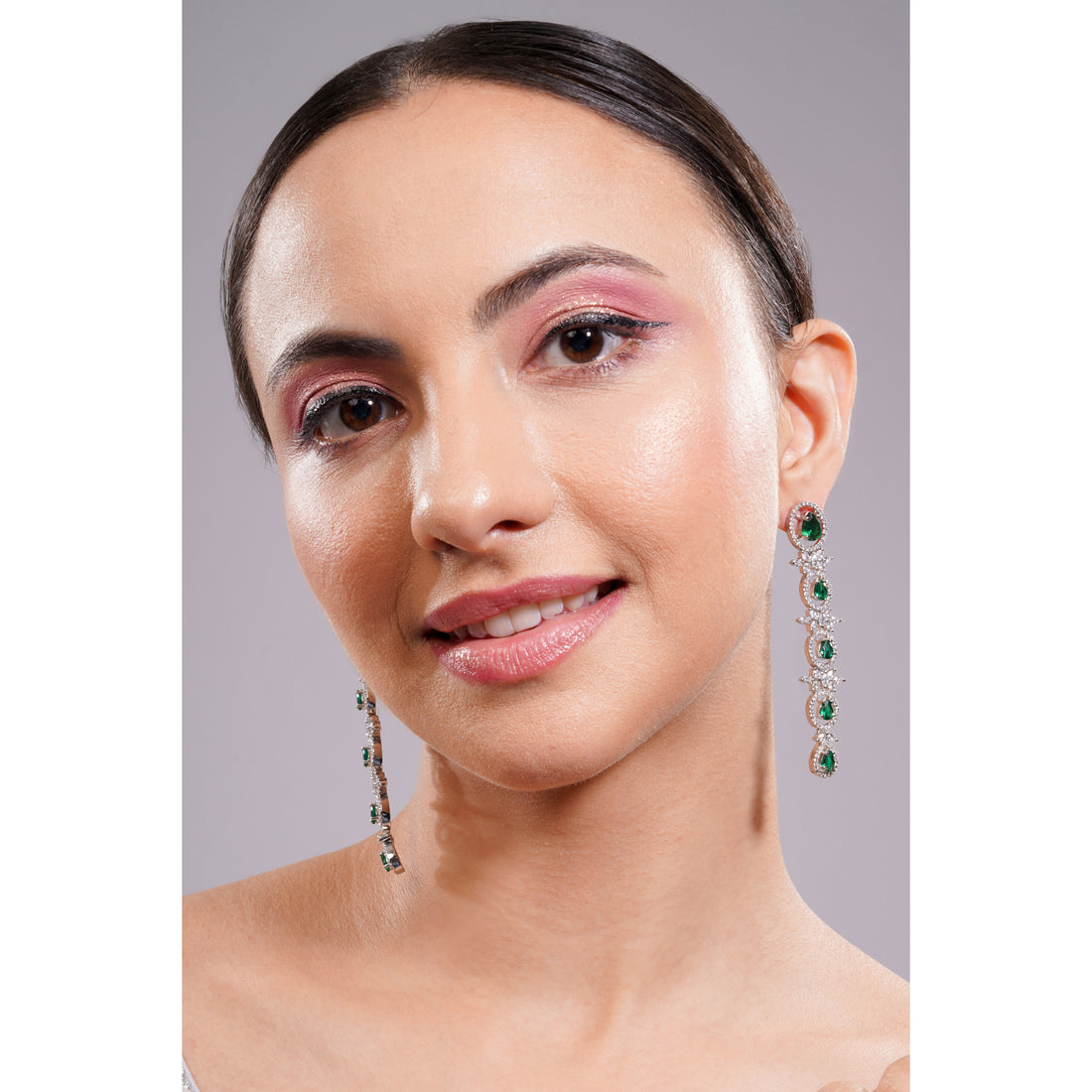 Amaita Silver Tone AD Deep Emerald Oval Linear Drop Earrings